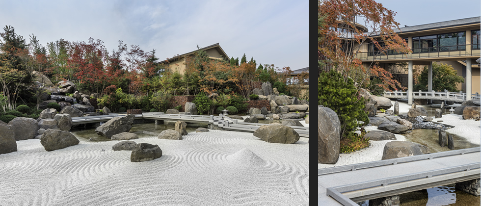 瀑布之庭：JCAP7提案并设计了符合日式建筑风格的枯山水庭院，还设计了其他庭院，如瀑布之庭、白河之庭、喷水之庭等